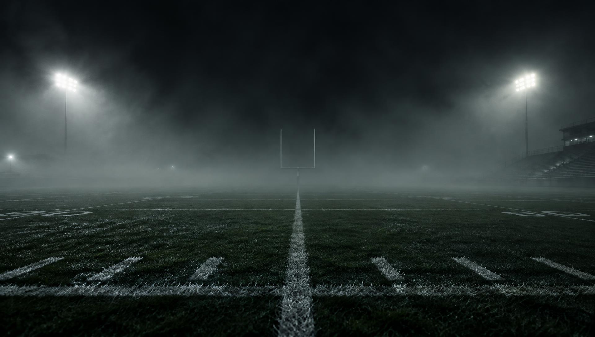 Foggy football field at night under stadium lights